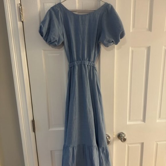 ASTR Jelena Crew Neck Puff Sleeve Open Back Flounce Hem Midi Dress - Blue XS - Picture 3 of 4